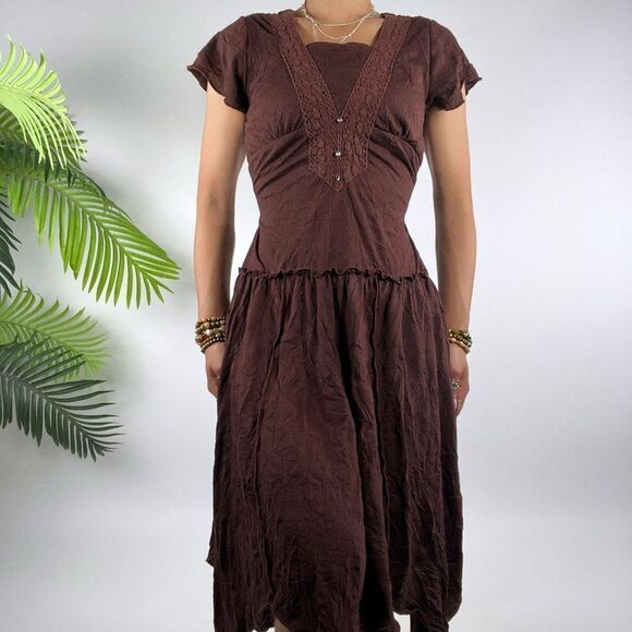 Vintage Y2K Brown Fairy Grunge Bohemian Short Sleeve Hippie Midi Dress / S - Picture 3 of 7